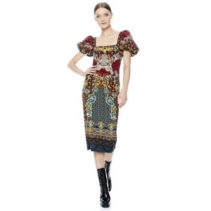Alice + Olivia Lexia Puff Sleeve Midi Dress 8 Boho Chic